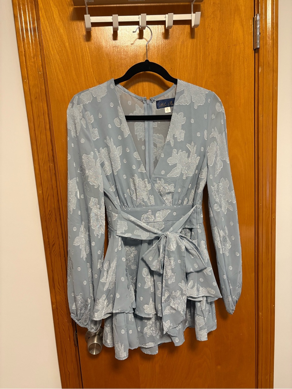 Blue Rain Light Blue Floral Romper with Waist Tie